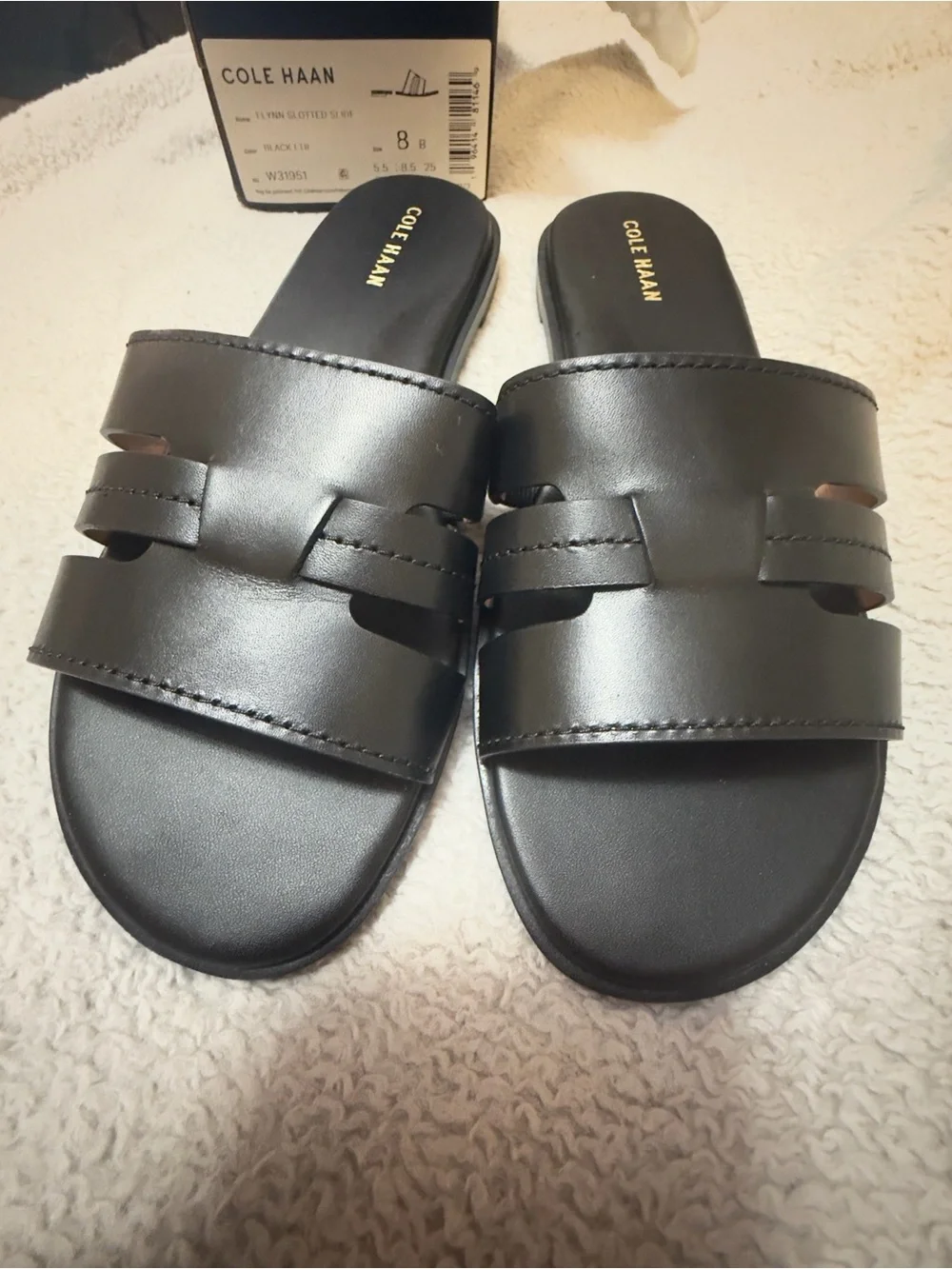 Cole Haan Flynn Slide Sandal Black Leather Woven Comfort Flat Size 8 New in Box!